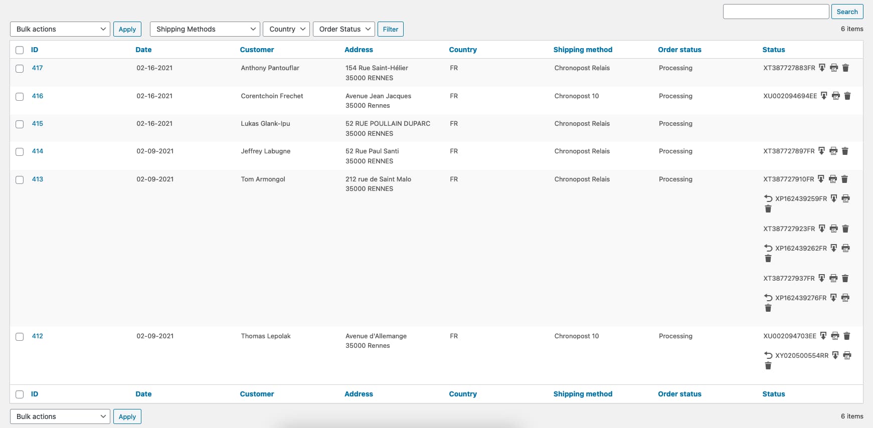 Interface WooCommerce pour gérer les commandes Chronopost